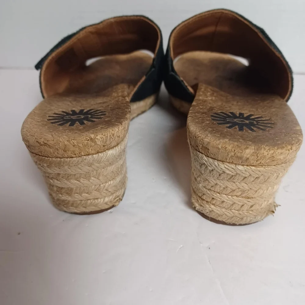 UGG Women's Black‎ Suede Fringe Wedge Espadrille Slide Sandals Size 6